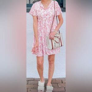 SHEWIN Women's Spring-Fall Floral Dress Casual V Neck Short/ Ruffle Hem A-Line